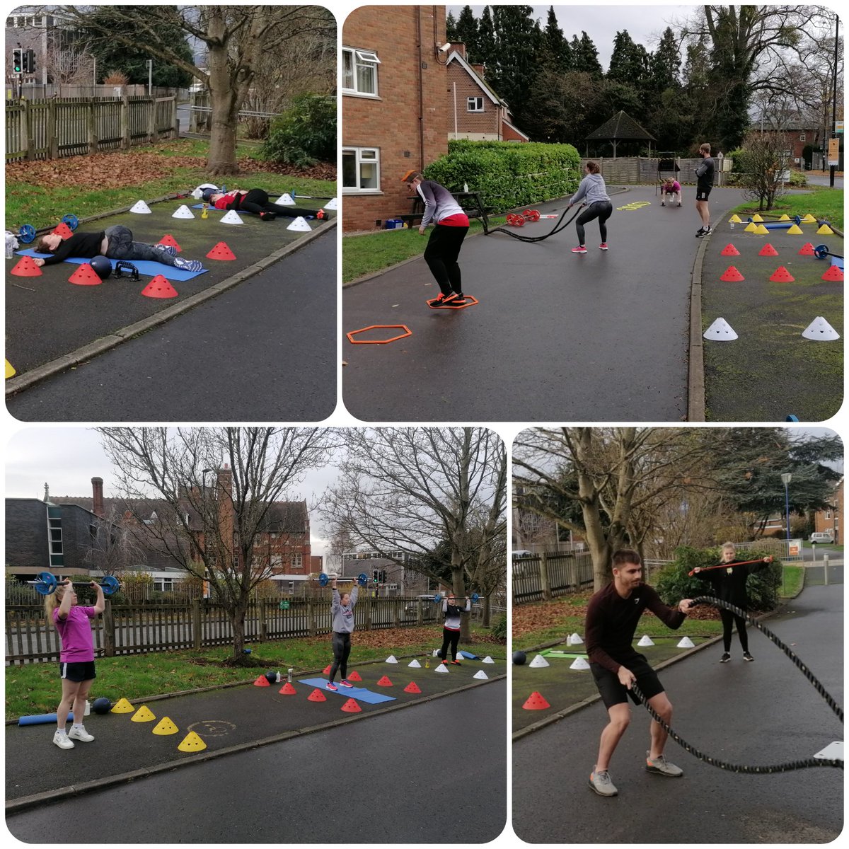Photo collage showing RNC Sport students engaging in a range of different exercises outside there hall or residence. Students are using range of different gym equipment (including resistance bands, bars, weights, slam balls, skipping ropes and a battle rope. Students are maintaining social distance and exercising in designated zones marked out by coloured cones