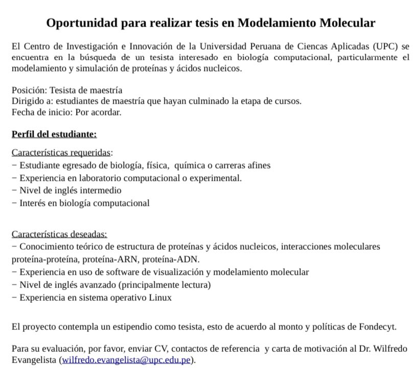 pmilonma's tweet photo. Buscas un laboratorio para realizar tu tesis de maestría? Interesado en Bioinformática? Modelamiento Molecular de enzimas y fármacos? Screening de compuestos contra SARS-CoV-2? O blancos nuevos para antibióticos? 

Escribe un correo a: wilfredo.evangelista@upc.edu.pe con tu CV https://t.co/PPuhqf9qK0