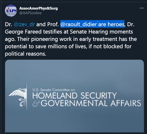 Audience au Sénat des USA, Dr Fareed cite  @raoult_didier comme "un médecin de haut calibre qui l'a guidé, qui devrait être récompensé", actuellement persécuté pour avoir soigné avec HCQ le  #Covid. L'AAPS (asso Médecins américains) qualifie le Dr  #Raoult de héros avec le  @zev_dr.