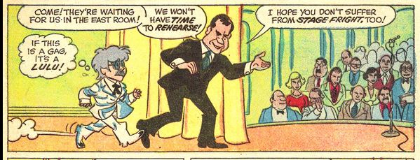 Jackie thinks it is all a gag, but is actually taken to the real White House, and meets President Nixon. Nixon honestly (hmmm) believes Jackie to be the famous senator (nicknamed 'shorty') and brings him in to a star studded party.