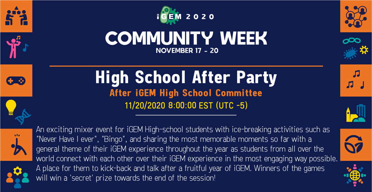 iGEM's tweet photo. iGEM High School Teams! Kick back after a fruitful year of iGEM. Join this exciting mixer event with ice-breaking activities, and sharing the most memorable moments. Winners of the games will win a 'secret' prize towards the end of the session!
Nov 20 8AM EST
#iGEMCommunityWeek https://t.co/yVnyMlhlB9