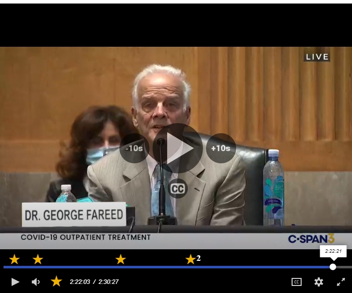 Audience au Sénat des USA, Dr Fareed cite  @raoult_didier comme "un médecin de haut calibre qui l'a guidé, qui devrait être récompensé", actuellement persécuté pour avoir soigné avec HCQ le  #Covid. L'AAPS (asso Médecins américains) qualifie le Dr  #Raoult de héros avec le  @zev_dr.
