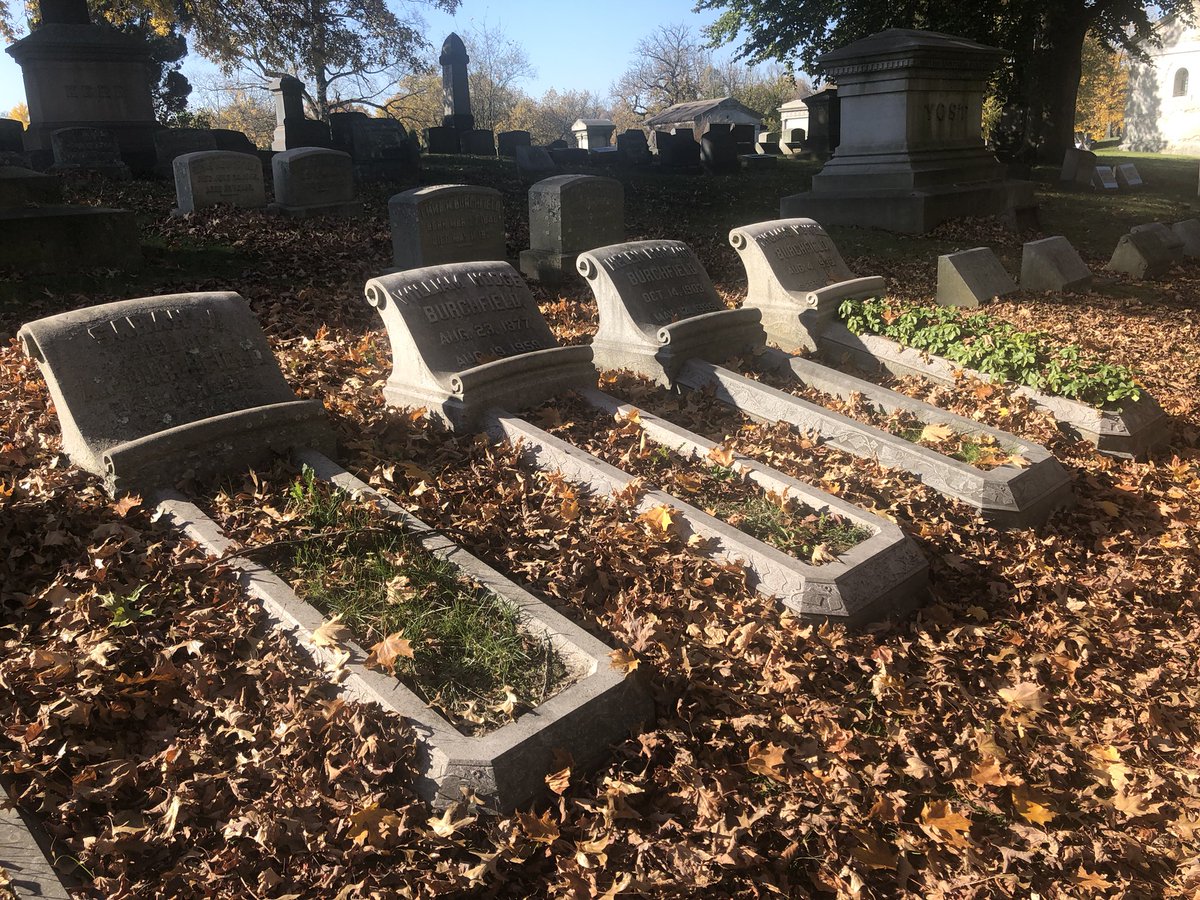 Leaves cover long abandoned flower beds at this family plot in Homewood Cemetery, Pittsburgh. #cemeteries
