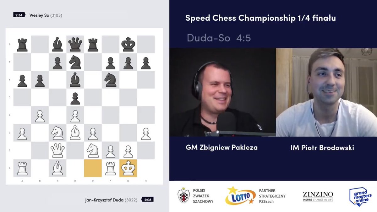 Najpierw oglądałem Gambit królowej, teraz pasjonuję się oglądaniem partii Dudy na żywo. Polecam i zachęcam.
Trwa właśnie szachowy ćwierćfinał Speed Chess Championship : Jan-Krzysztof Duda - Wesley So. 
Transmisja dostępna na FB i YT <a href="/PZSzach/">Polski Związek Szachowy</a> 🇵🇱
Z atrakcyjnym komentarzem!
#szachy
