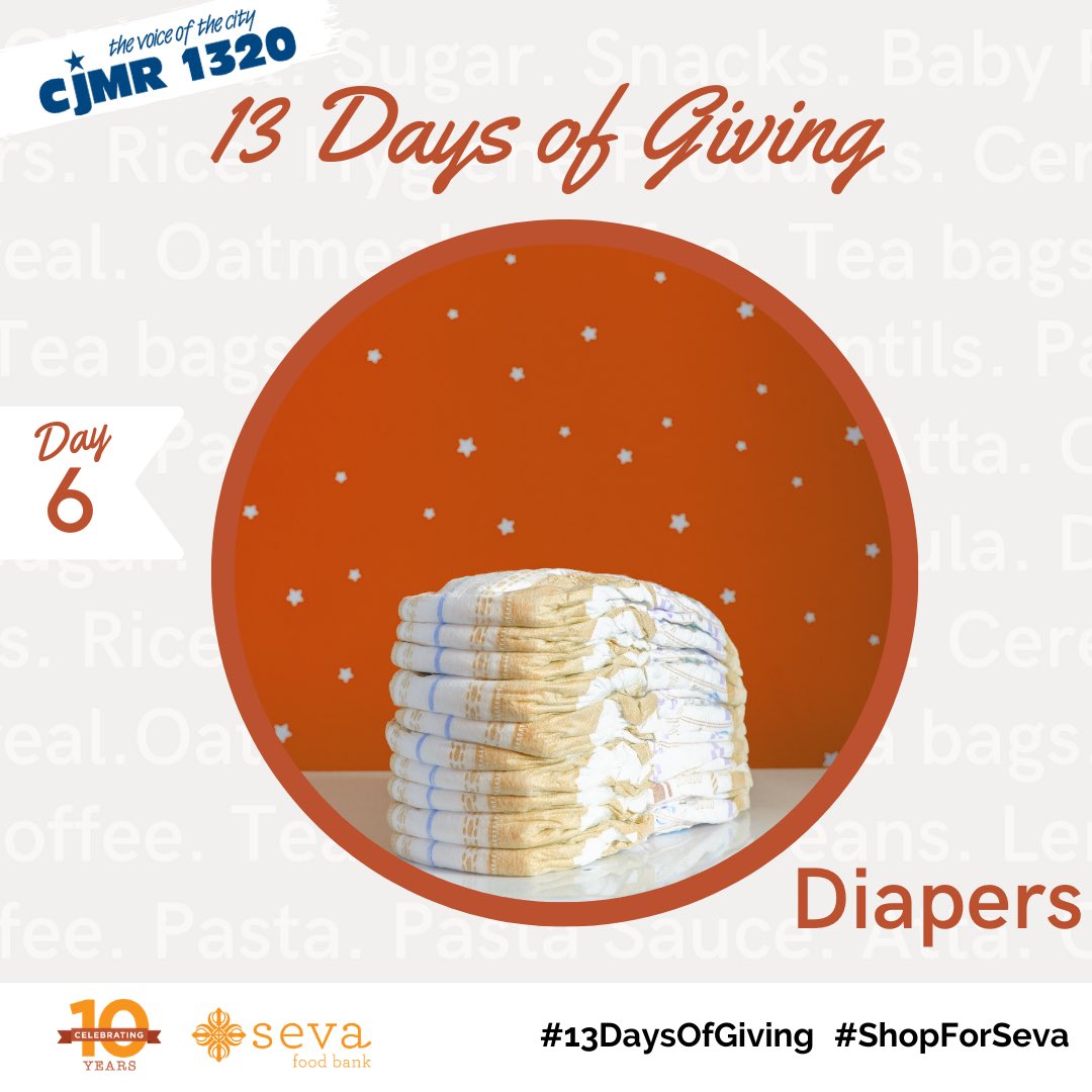 SevaFoodBank's tweet photo. Help us collect our 13 most needed items over the next 13 days!
On Day 6 of our CJMR 1320 Guru Nanak Gurpurab Food Drive, our most needed item is Diapers (any size).
#ShopForSeva #13DaysOfGiving https://t.co/2HyBGovKjd