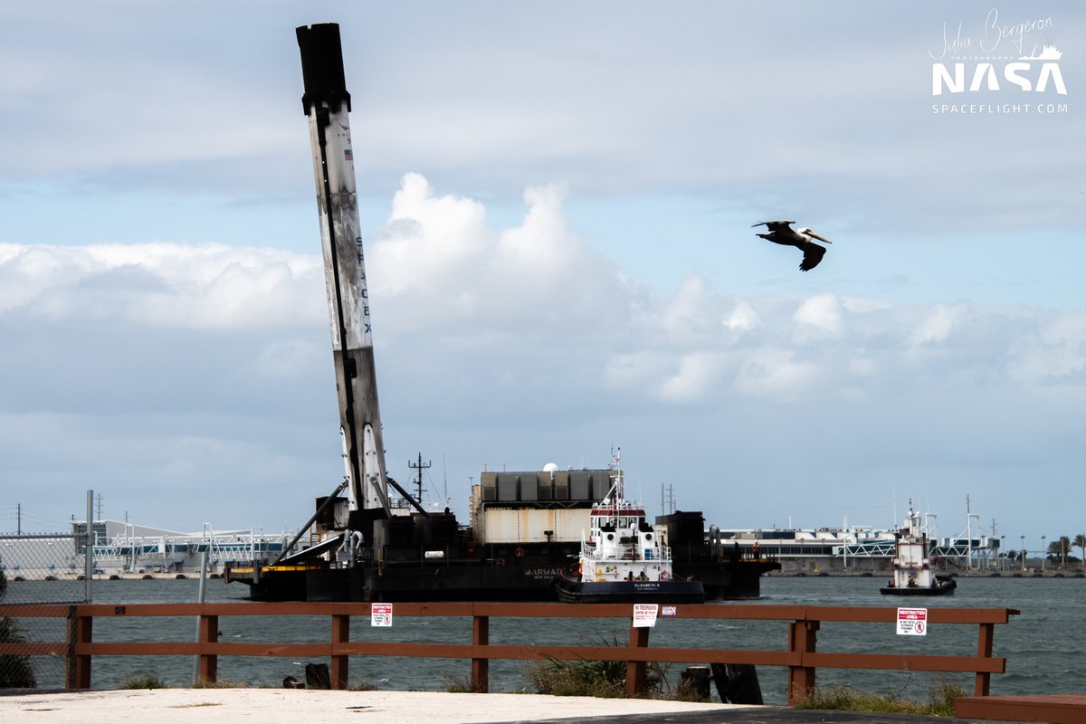 mathsurmars's tweet photo. 🚀#SpaceX & #Crew1 :Le Booster B1061 est de retour au Port!Une Jambe d'atterrissage a été endommagé suite aux conditions météorologiques exécrables de ces derniers jours. Heureusement que le Drone #Octograbber est là pour maintenir le Booster sur la Barge #JRTI
📸@julia_bergeron https://t.co/tLNwGQbRq3