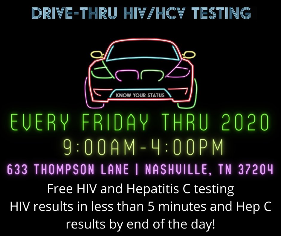 .<a href="/nashvillecares/">Nashville CARES</a> will be providing free, confidential, drive-thru HIV/Hep C testing every Friday from 9:00 AM - 4:00 PM until the end of 2020. #GetTested #KnowYourStatus
