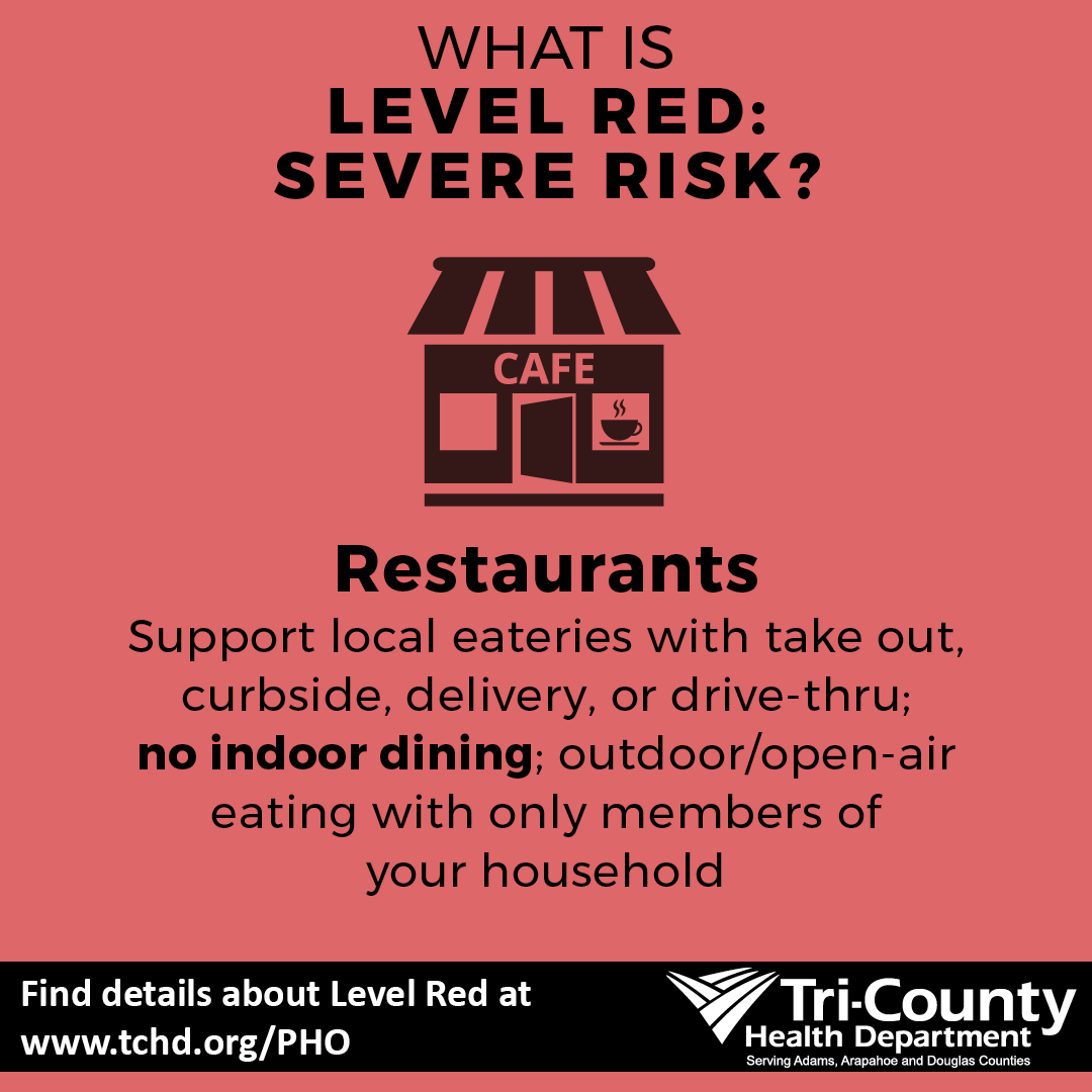 TCHDHealth's tweet photo. Nov. 20 Adams, Arapahoe and Douglas counties are at Level Red.  Here are some general outlines for the state’s new guidelines. Review the full public health order at https://t.co/Je6cOgNuS3

#TCHD #levelred #adamscounty #arapahoecounty #douglascounty https://t.co/yVy5m2Srvh