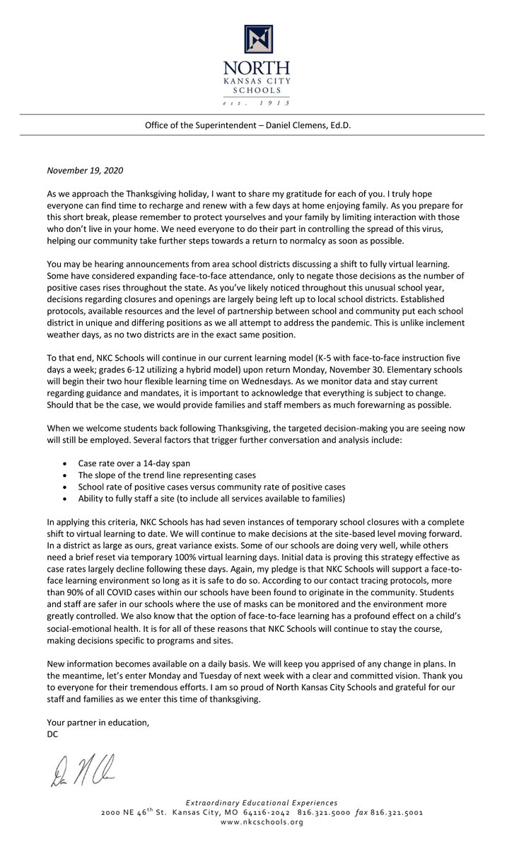 NKC Nation, please see this important update from Dr. Clemens as we approach the Thanksgiving holiday. Read more: nkcschools.org/cms/lib/MO4900…