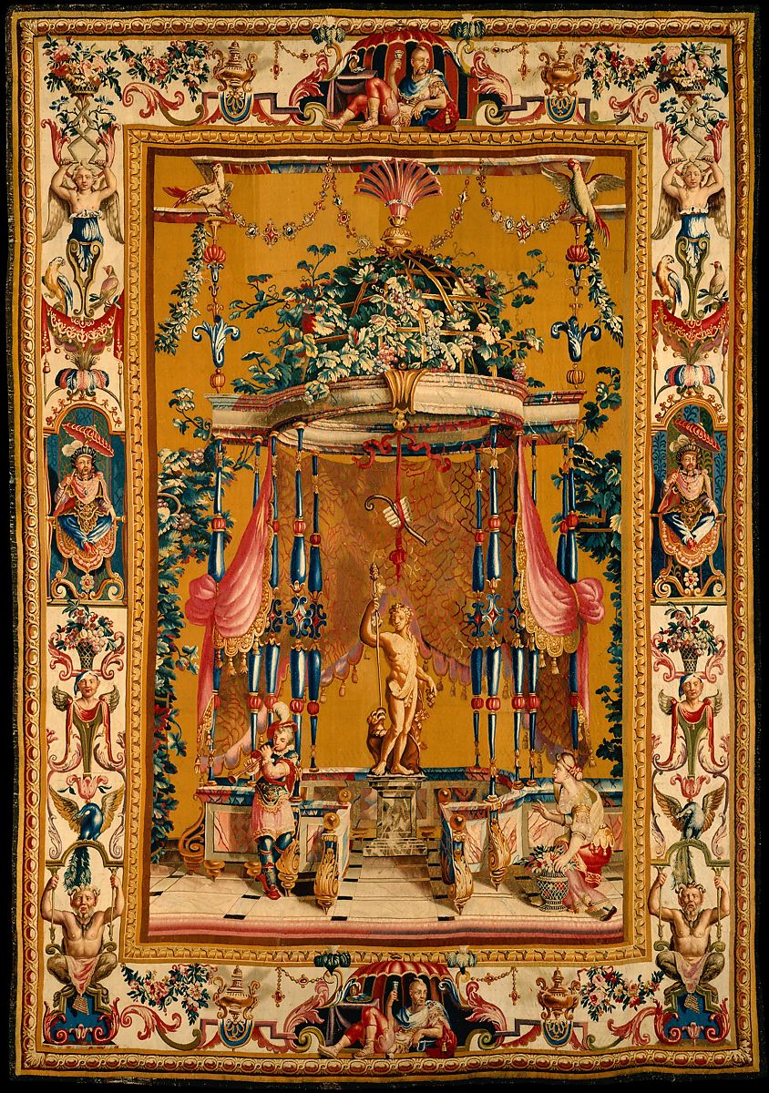 TapestryHistory's tweet photo. The Offering to Bacchus (from a set of five Berain Grotesques) designed ca. 1688, woven ca. 1690–1711
By Jean-Baptiste Monnoyer

The architecture &amp; figures were emulation of the Roman wall-paintings excavated in the chambers of Nero's palace in Rome (erroneously called 'grotti') https://t.co/8Xh3jnlFLe