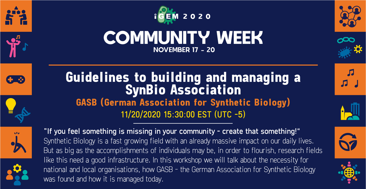iGEM's tweet photo. "If you feel something is missing in your community - create that something!“
@gasb_synbio - the German Association for Synbio - did just that! Learn how in their workshop "Guidelines to building and managing a SynBio Association"
Nov 20, 3PM EST (9PM CET)
#iGEMCommunityWeek https://t.co/FFBZwDzcZt