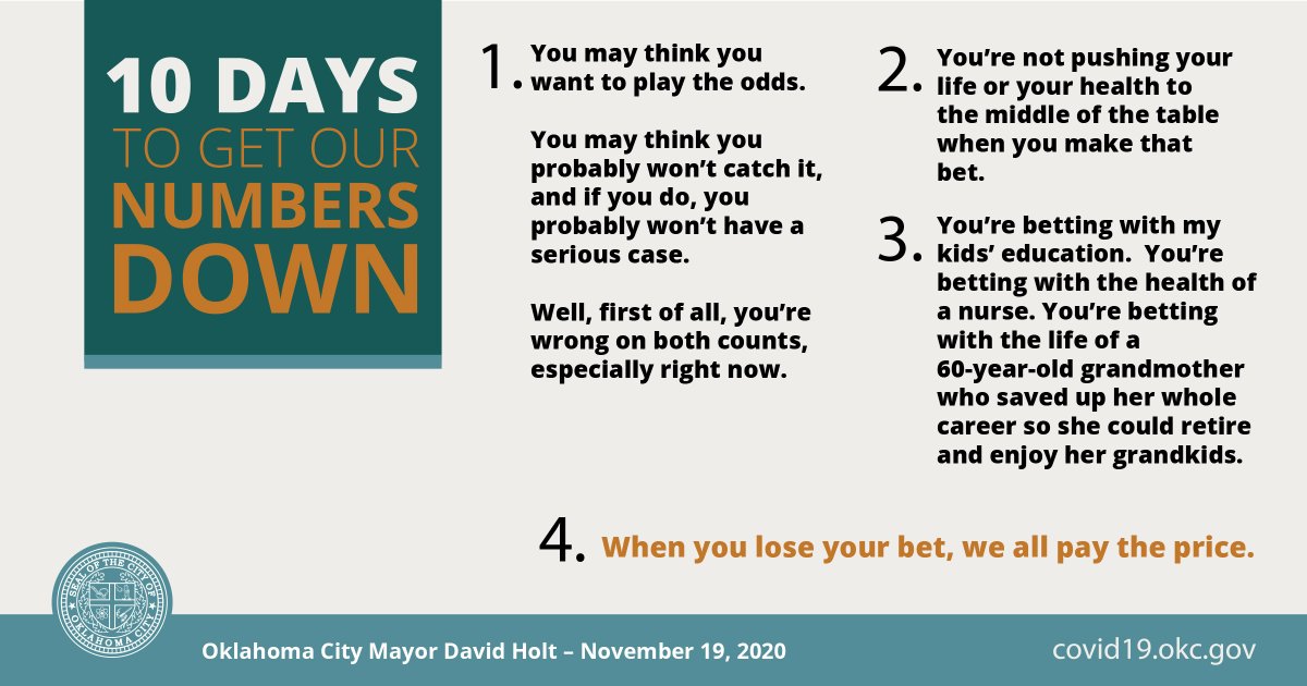 “Every new case that gets added to the count ensures that school leaders can’t safely open schools. Every health care worker who has to quarantine is a health care worker not available to take care of your heart attack.   Every life lost leaves sorrow behind.” – Mayor  @DavidfHolt