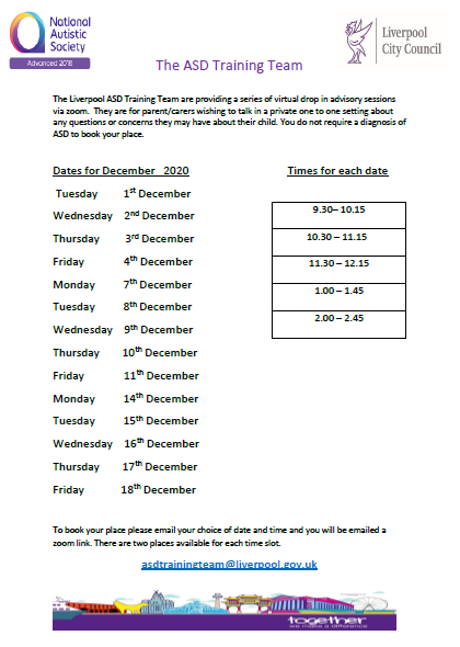 TheTrinityL5's tweet photo. The ASD training team are holding more drop in sessions in December. If you need any support please get in touch with them to book your slot - details below. #ASDsupport #SEN https://t.co/fmonAljQ8o