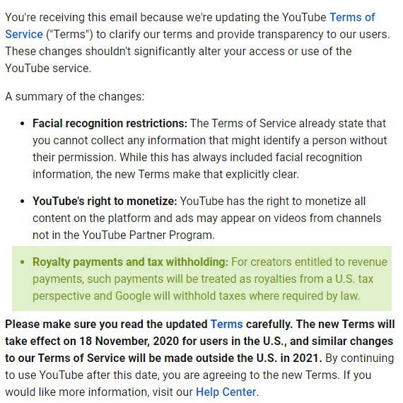 YouTube updated their Terms of Service and one of the changes is that earnings will now be classified as royalty income. This doesn't change anything in how this income should be reported (1/7)