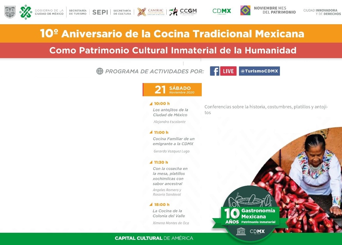 Gabrielgtzg's tweet photo. Este próximo sábado 21 en @TurismoCDMX habrá conferencias que se pueden seguir en su FB sobre:
- Los antojitos de la Ciudad de México
-  Cocina familiar por @chefgevalu 
- Cocina de Xochimilco
- Cocina de la Colonia del Valle 

https://t.co/0Vub55B5C9
#Cocinas de 🇲🇽 https://t.co/h6mtkxtoPS