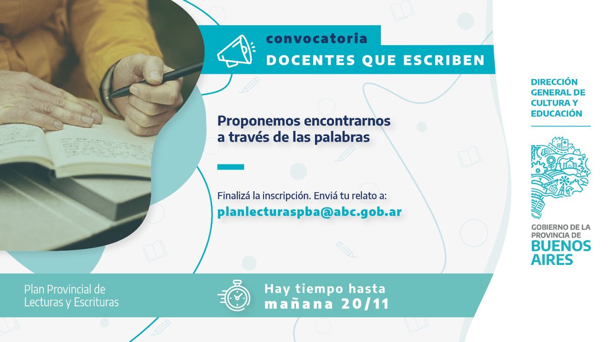 BAeducacion's tweet photo. Hasta mañana podés participar de #DocentesQueEscriben ✍️ Desde el Plan Provincial de Lecturas y Escrituras las y los invitamos a narrar y reflexionar sobre sus experiencias durante este tiempo.
Más info e inscripción 👉 https://t.co/BLQatkL7AN https://t.co/0D4ktiGbA7