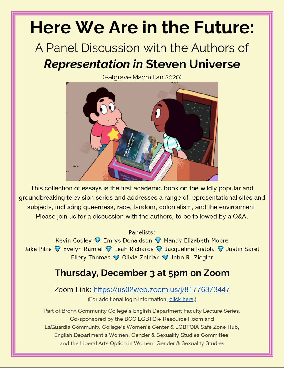 platform_lab's tweet image. Platform Lab members @jakeadampitre and @J_Ristola will be guests on this upcoming panel centred on the book they contributed to, Representation in Steven Universe. Dec. 3!
