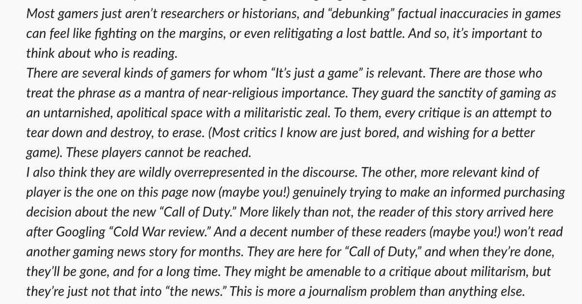This was another detail I cut but would like to get to at some point. There are tons of players who aren't attentive to "politics in games," but they are not a monolith.
