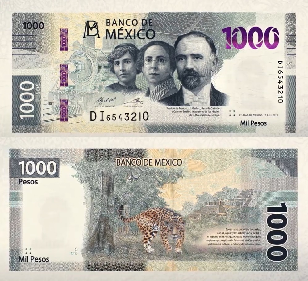 ¿Te gusta el nuevo billete de $1,000?
https://t.co/OVZoTdpmrf
El nuevo integrante de la familia G representa el proceso de la Revolución Mexicana, con Francisco I. Madero, Hermila Galindo y Carmen Serdán.
En el reverso contiene la imagen de un jaguar y de Calakmul. https://t.co/hwQIU5Mw0J