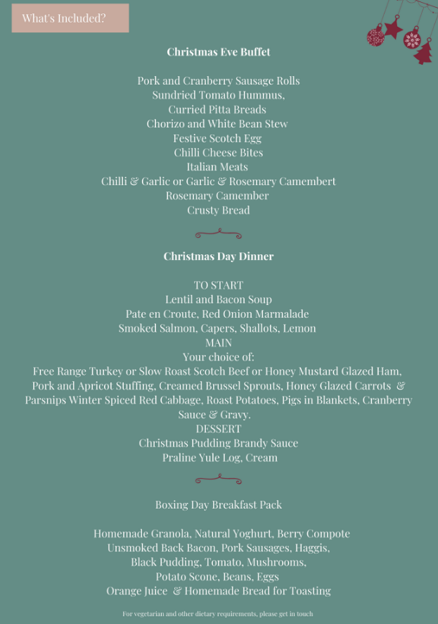 AchrayH's tweet photo. 'A Very Achray Christmas'. A 3 day festive feast delivered to your door on 23/12 and just £99 for 2. Relax and enjoy this Christmas! Let the restaurant come to you. admin@achrayhouse.com for more details and to order yours today. https://t.co/UlUHtKzCN1
