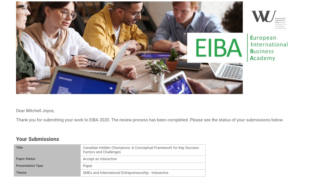 A big shout-out to <a href="/MUNBusiness/">MUN Business</a> Mitchell Joyce (MSc in management, class 2021) and Dr. Park. Their paper titled "Canadian Hidden Champions" is accepted to present at 2020 EIBA Conference. Mitchell is supported by the Centre and <a href="/MitacsCanada/">Mitacs</a> <a href="/LibbyMCarew/">libby carew</a>