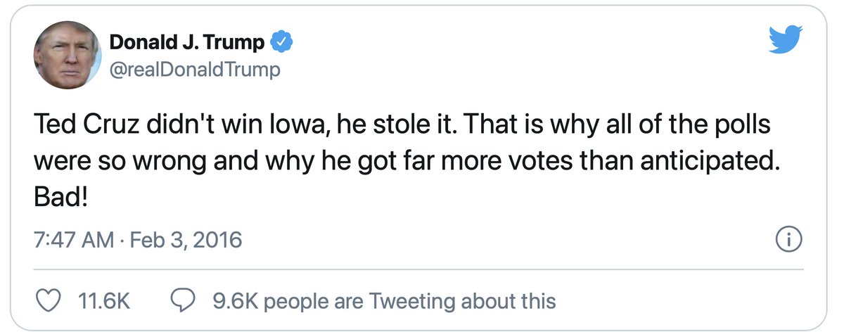 ...and again - Trump, 2016, accusing  @tedcruz of fraud in his win on the Iowa caucus. Needs investigation!...