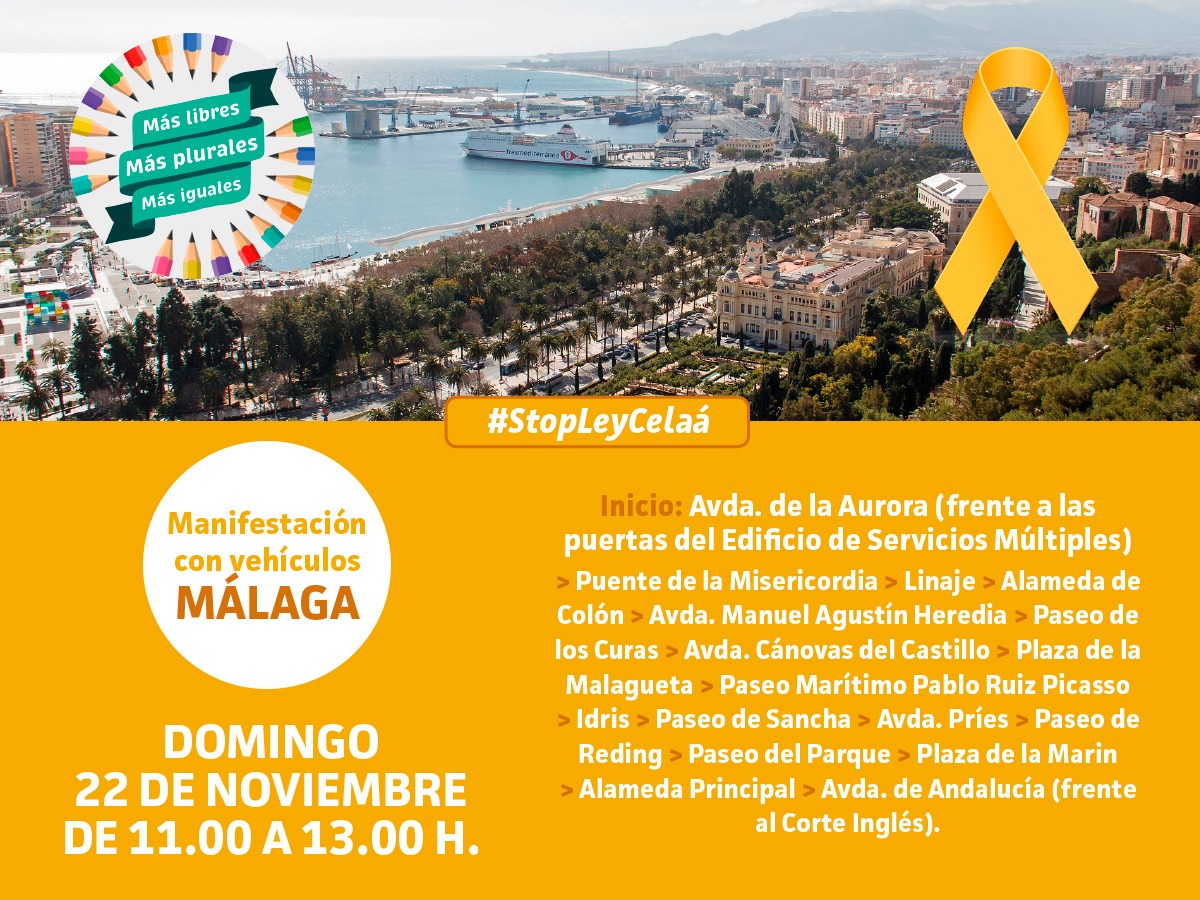 La plataforma Concertados está realizando acciones por todo el país para detener la #LeyLOMLOE.
En Málaga se realizará una manifestación con vehículos el próximo domingo 22 de noviembre, de 11:00 a 13:00 horas en la Avenida de la Aurora.
➡️  ow.ly/RIWE50CpsJS
#stopleycelaá