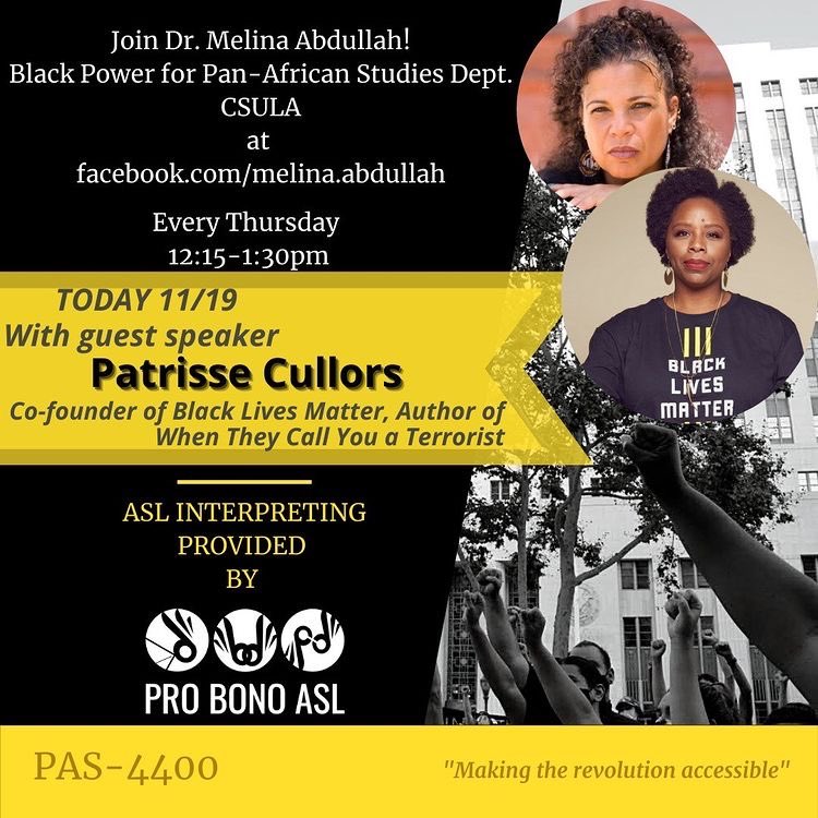 TODAY AT 12:15PM on Facebook.com/melina.abdullah 
BLACK POWER #FreedomCampus class with special guest Patrisse Cullors - co-founder of Black Lives Matter. Free and open to all! Don’t miss! ⁦@OsopePatrisse⁩ ⁦@BLMLA⁩ ⁦@Blklivesmatter⁩ ⁦@PanAfricans⁩