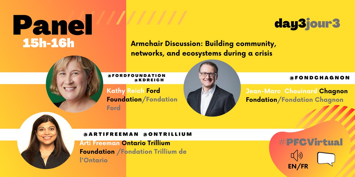 #PFCVirtual joining us shortly on an armchair discussion is @FordFoundation @kdreich, @artifreeman @o_n_n, and Jean-Marc Chouinard @fondchagnon