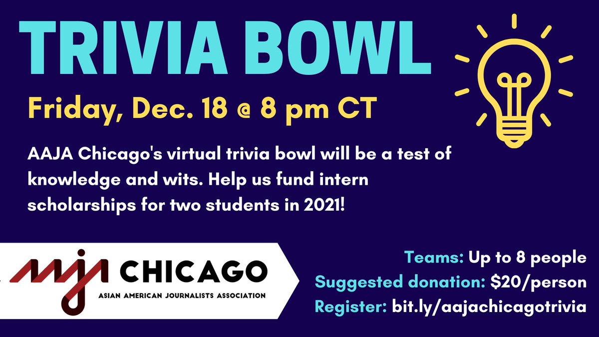 Trivia Bowl is back, baby! Hosted by ESPN reporter @MicheleSteele, the competition will be a battle of wits between teams who will be quizzed on everything from famous journalists to obscure Chicago history. 💡 Register now! bit.ly/aajachicagotri…