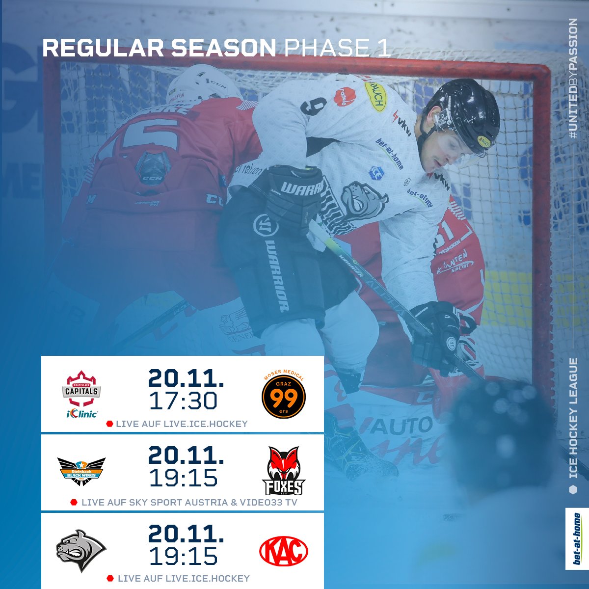 #ICEGameday

🏒 3rd season meeting <a href="/DECBulldogs/">Dornbirn Bulldogs</a> 🆚 <a href="/EC_KAC/">EC-KAC (official)</a> 
🏒 1000th RS-game for <a href="/graz99ers/">Graz99ers</a> 🥳
🏒 6th game for <a href="/bratislavaCAPS/">iClinic Bratislava CAPITALS</a> within 10 days 
📺 @BlackWings1992 🆚 @HCB_Foxes L∙I∙V∙E on <a href="/SkySportAustria/">Sky Sport Austria</a> &amp; Video 33 TV 🤩

#UnitedByPassion
📸 (c) GEPA