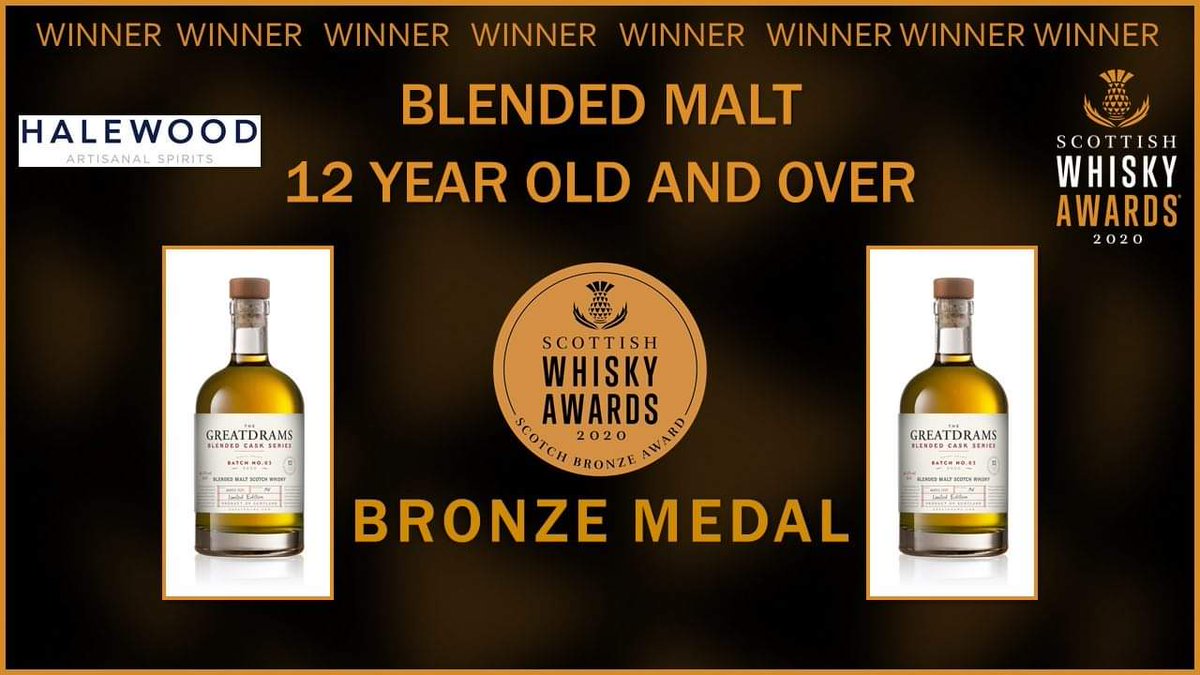 The BRONZE MEDAL for Blended Malt 12 Year Old and Over sponsored by Halewood Artisanal Spirits @HalewoodIntern1 goes to GreatDrams Blended Cask Series Batch 03, GreatDrams Ventures <a href="/GreatDrams/">Greg - Great Drams</a> #whiskyawards20 #scotch #whisky #Scotland