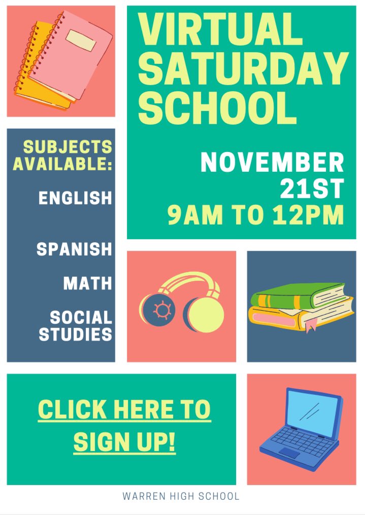 WarrenLinkCrew's tweet image. Virtual Saturday School is in session! Use this link to sign up and get extra help from your teachers: forms.gle/cY2mrcocEJPnM5… Study hard, bears! 🐻📚✏️