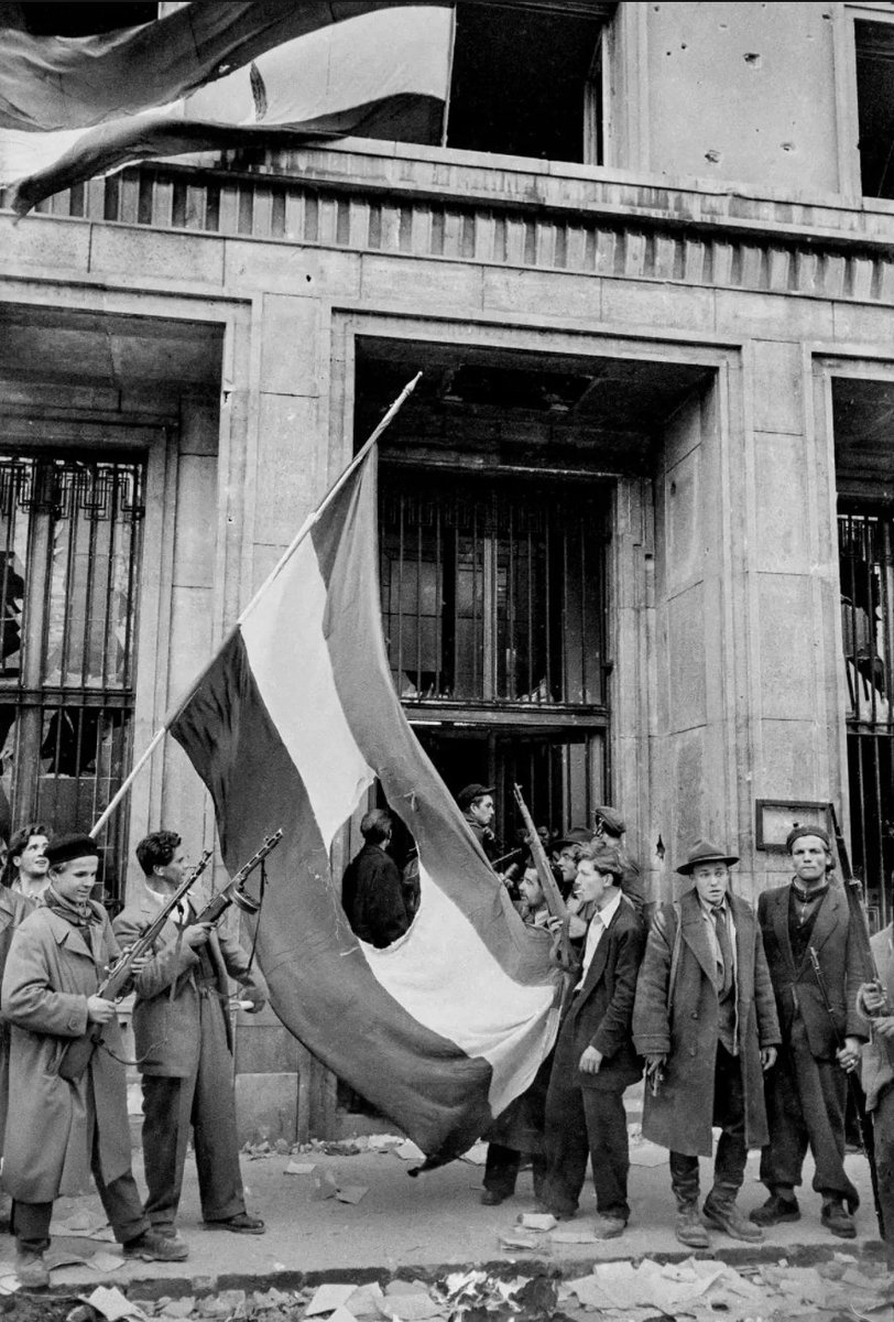Here are also the extremely armed, not peaceful "demonstrators" who are burning a hole on the communist flag of Hungary in 1956