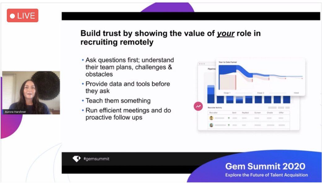 Gem_Software's tweet photo. Aurora Harshner is giving attendees tips at #gemsummit about how to develop trust with hiring managers—particularly now, in the world of remote recruiting. Thank you, Aurora! https://t.co/M0hlUyePUI