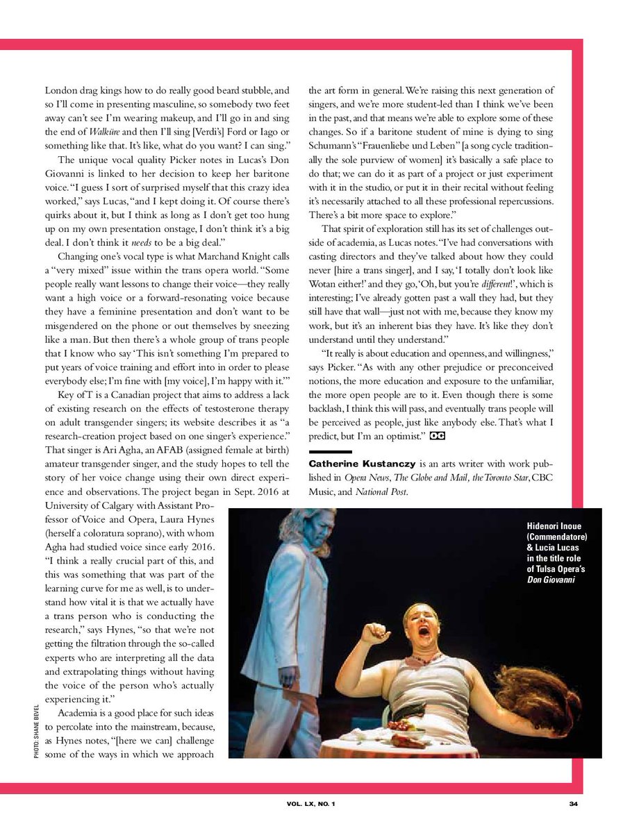 OperaCanada's tweet photo. On this #TBT, and during Trans Awareness Week, we're recalling this fantastic 2019 feature by @catekustanczy on opera's #transgender singers, including trans baritone @lucialucasde:
#retrocover
#opera
#transoperasingers
@glaad
#transawarenessweek
#beyondthebinary https://t.co/xiEUzGgDvo