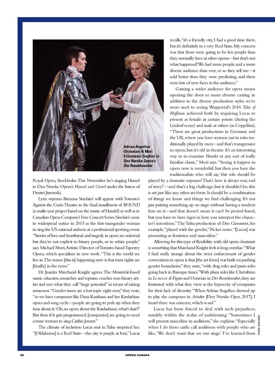 OperaCanada's tweet photo. On this #TBT, and during Trans Awareness Week, we're recalling this fantastic 2019 feature by @catekustanczy on opera's #transgender singers, including trans baritone @lucialucasde:
#retrocover
#opera
#transoperasingers
@glaad
#transawarenessweek
#beyondthebinary https://t.co/xiEUzGgDvo