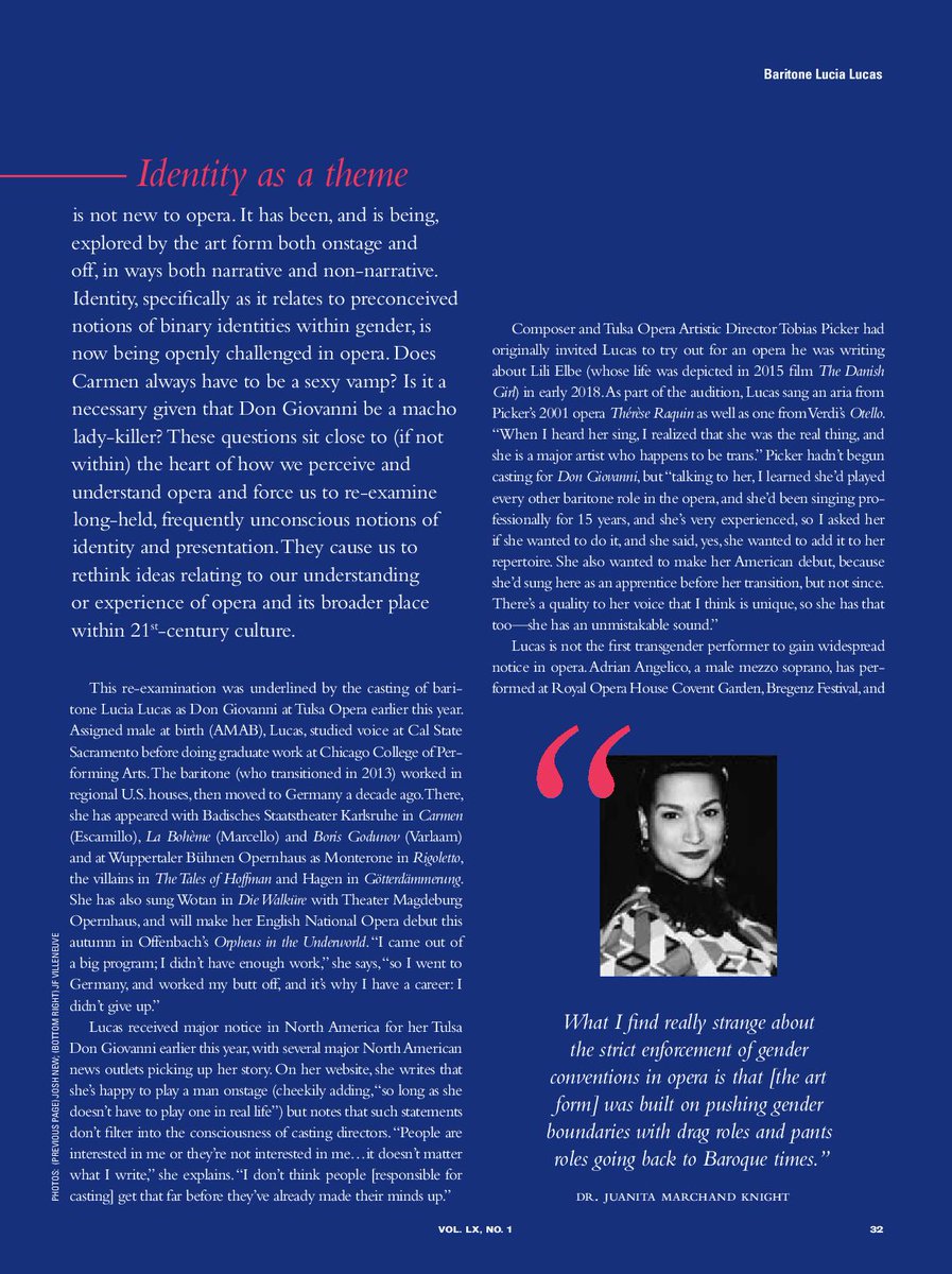 OperaCanada's tweet photo. On this #TBT, and during Trans Awareness Week, we're recalling this fantastic 2019 feature by @catekustanczy on opera's #transgender singers, including trans baritone @lucialucasde:
#retrocover
#opera
#transoperasingers
@glaad
#transawarenessweek
#beyondthebinary https://t.co/xiEUzGgDvo