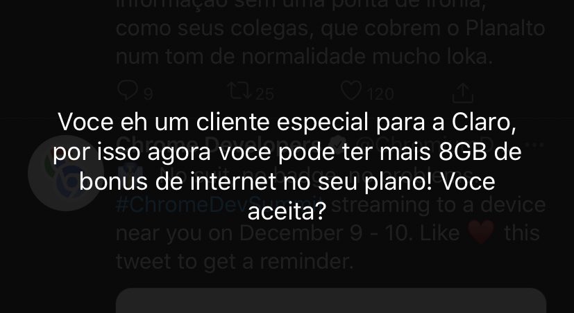 vonmayhem's tweet image. Alguém mais está recebendo esse tipo de mensagem como se fosse um pop-up só que no Twitter?! Me parece ter toda a cara de vírus e é impossível de fechar sem reiniciar o aparelho. Compartilhem por favor, queria muito saber q porcaria é essa  @clarobrasil #claro #netclaro