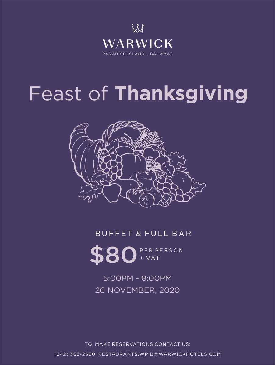 We are thankful to invite you back as we reopen in 2 days! We couldn't think of a better way to celebrate than with a feast, so come one, come all to enjoy #Thanksgiving on the harbour.

Res. 242-363-2560 / restaurants.wpib@warwickhotels.com

#WarwickParadiseIsland #Bahamas