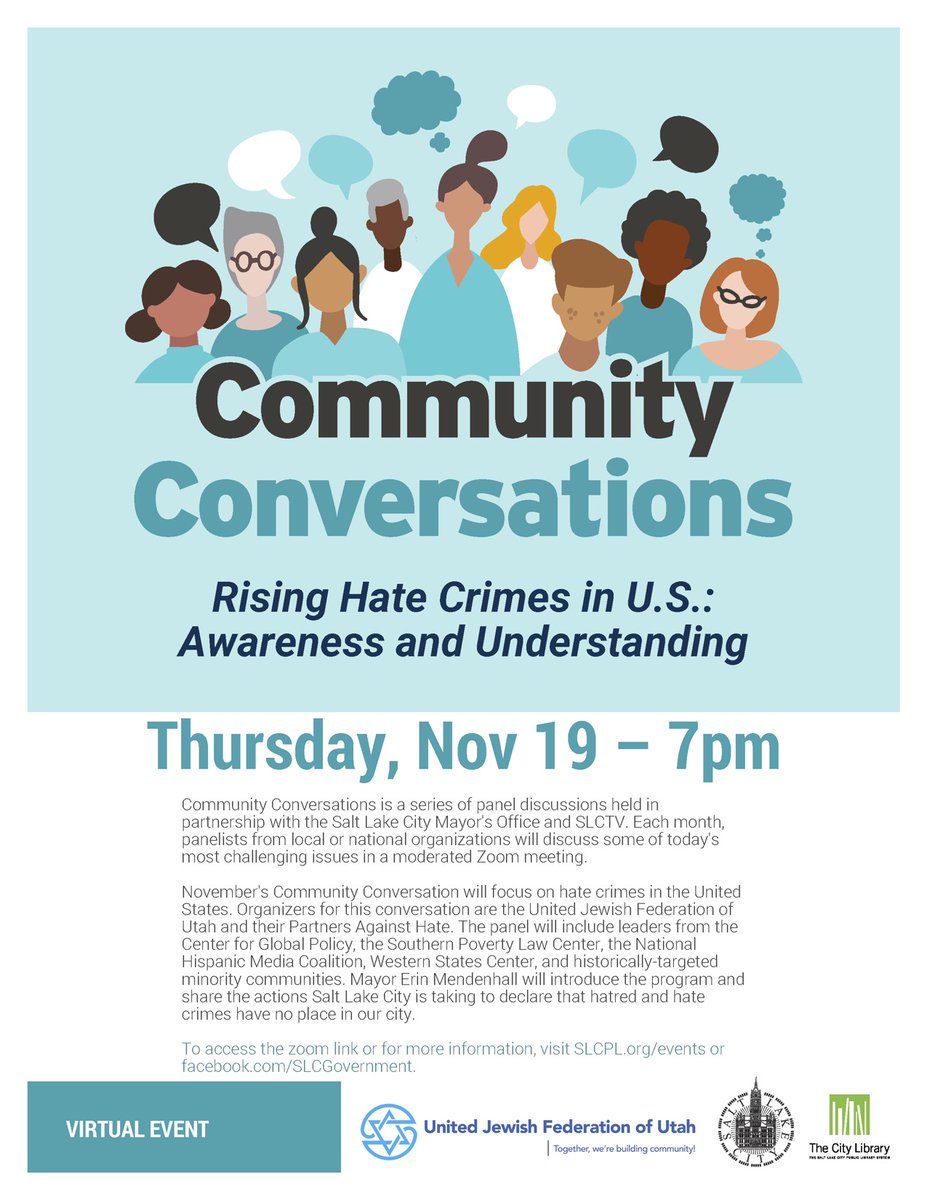 SLCgov's tweet photo. Join us TODAY at 7 p.m. for a virtual Community Conversation on "The Rising Rate of Hate Crimes in the United States and Utah" at https://t.co/HLKAVULi8x. 
For event details and panelist info, visit https://t.co/cWeOsKX5RD. 

@SLCPL @slcmayor #utpol #slc https://t.co/joWjOaoPZd