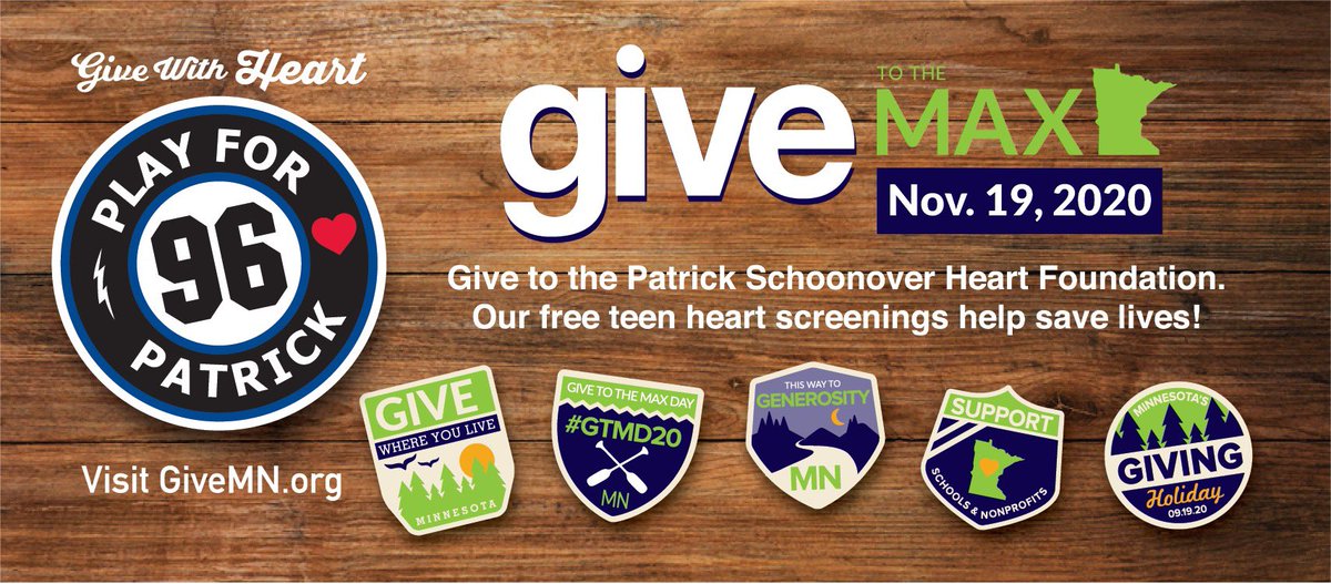 It’s give TO THE MAX day today.  Please consider donating to Patrick Schoonover ❤️foundation to screen young hearts and save lives.  
#Givewith❤️