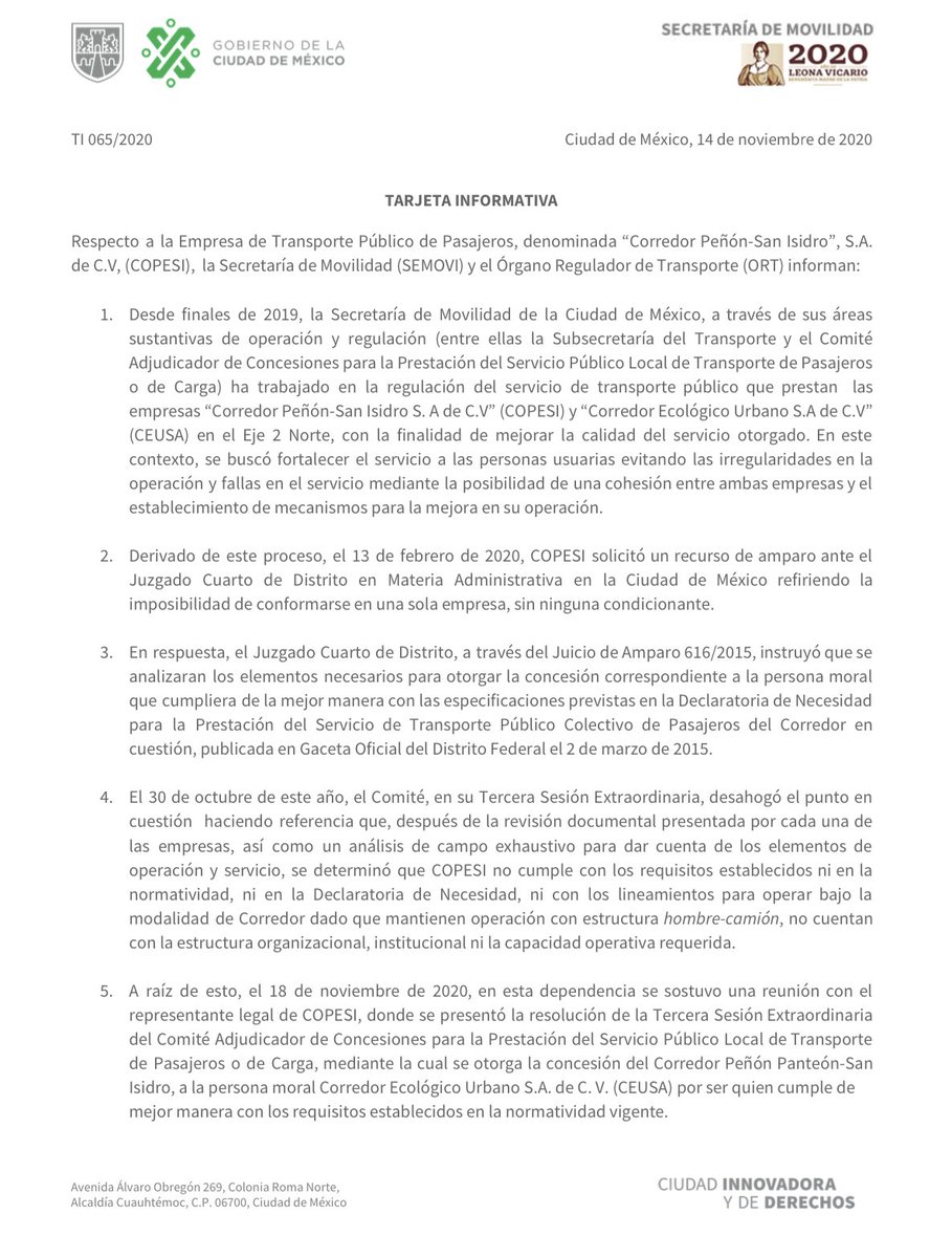 LaSEMOVI's tweet photo. Con relación a la situación del Corredor Peñón-San Isidro, S.A. de C.V, COPESI, #SEMOVIinforma que la empresa dejará de prestar servicio tras la determinación del Comité Adjudicador de Concesiones para la Prestación del Servicio Público Local de Transporte de Pasajeros y Carga: https://t.co/BQTABrl39l
