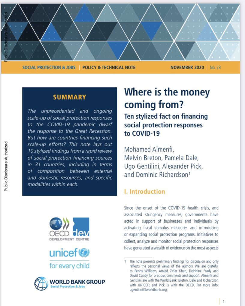 Ugentilini's tweet photo. #socialprotection programs scaled up by 217% in response to #Covid.

But... how have #cashtransfers and other programs been financed?

Check out our new note — “Where Does the Money Come From?” —coproduced with @UNICEFSocPolicy, @UNICEFInnocenti &amp; @OECD!

https://t.co/QTrc13sAQp https://t.co/SUWn3lTmz1