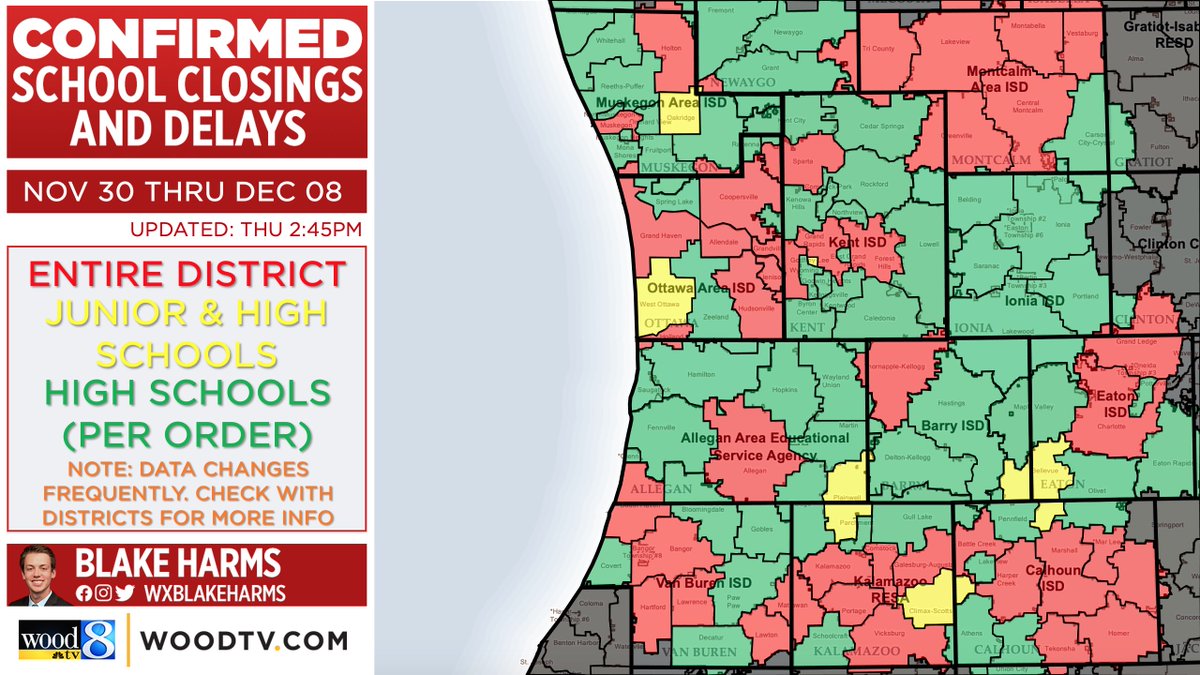 wxblakeharms's tweet photo. Here is the latest map of planned school learning modes from November 30th through December 8th (excludes hybrid learning methods)... it's a constantly changing situation, so let me know if you notice anything that should be corrected! @WOODTV https://t.co/GQXZIdYx4o