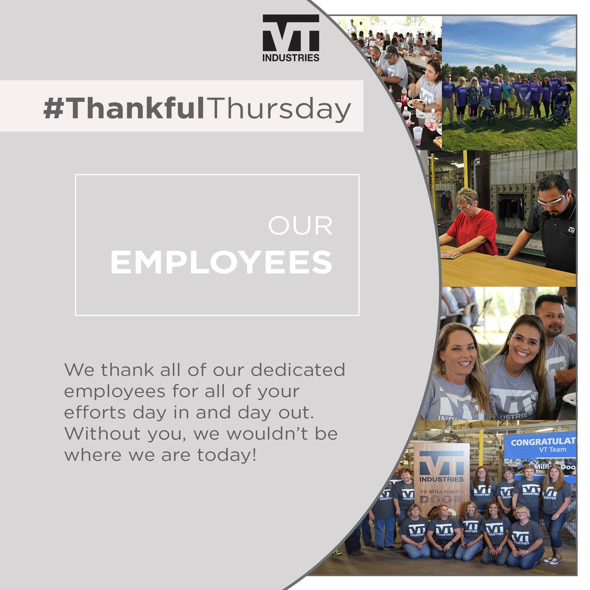 VT_Industries's tweet photo. Last, but not least, our final #ThankfulThursday goes to all of our employees. No matter where you're located on the map, your hard work and dedication is what makes VT so great! We're so fortunate to have the #VTfamily! https://t.co/qxqVAGbIlS