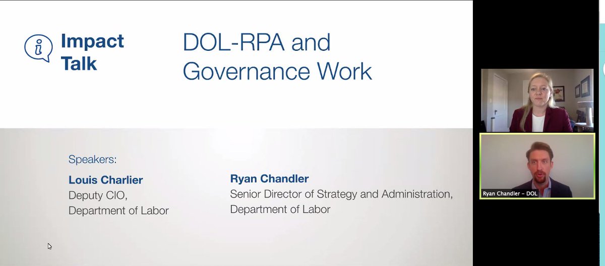 GSACoE's tweet photo. We're enjoying our conversation with Louis Charlier @OCIO_DOL and the impact of #RPA, bots, and how modernization is opening time, energy, and resources towards higher value work. #GovImpactSummit #FutureofWork https://t.co/M3AHPPo9b9