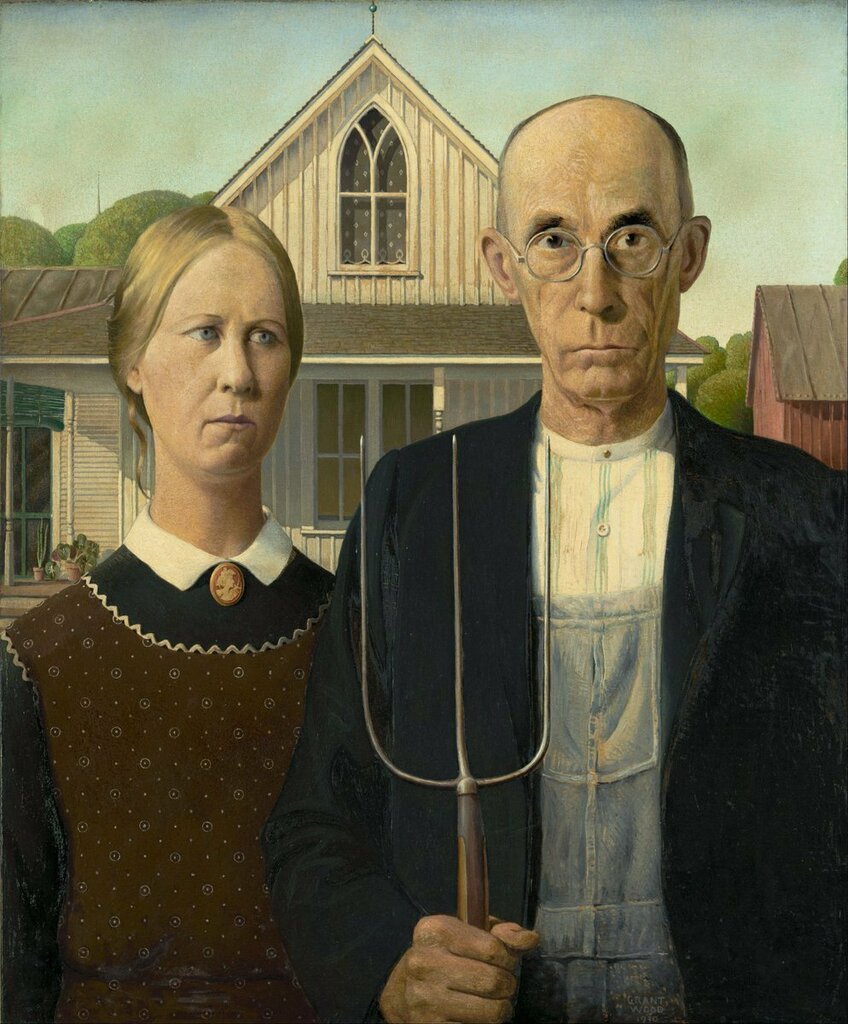 American gothic, 1930 by American painter Grant Wood, best known for his paintings depicting the rural American Midwest.
#artinstitutechicago #painting #american #gothic #grantwood