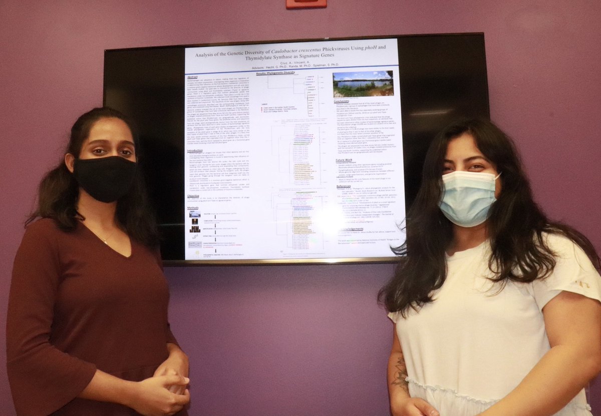 RowanBiology's tweet image. We are so proud of Alisha Vincent (L) and Ana Cruz (R) for their poster presentation last week at the #ABRCMS2020 @ABRCMS conference for their work characterizing novel bacteriophage! Bright futures for these smart gals 🥳 @RowanCSM