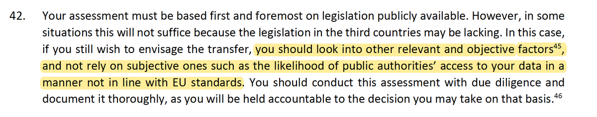 The EDPB prohibits precisely this type of risk analysis. You may NOT rely on an assessment of the likelihood of government access. This flat out contradicts the EC position above. (3/6)